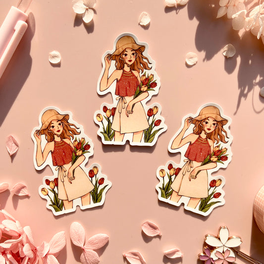 Tulip Girl Matte Glitter Vinyl Sticker