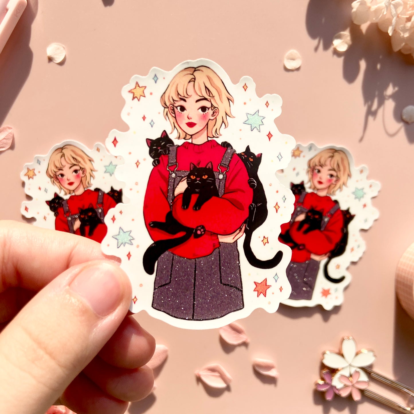 Black Cat Girl Matte Glitter Vinyl Sticker