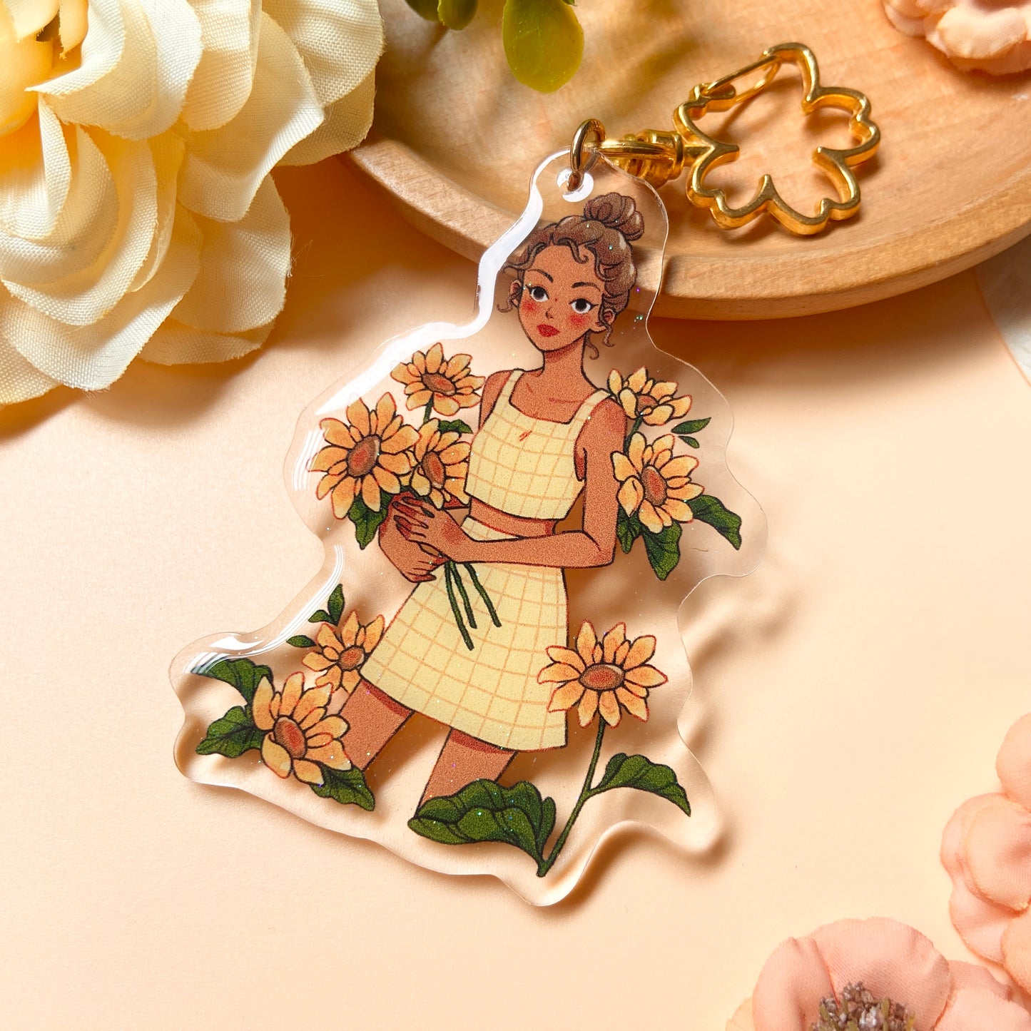 Sunflower Girl Keychain with Glitter Epoxy