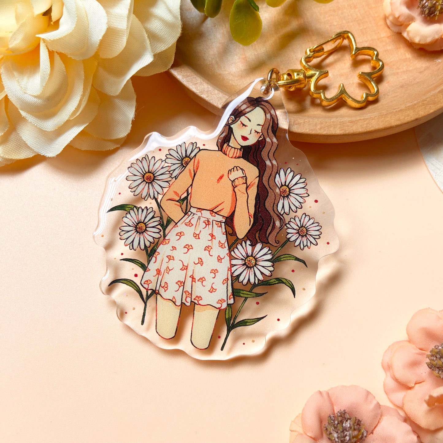 Daisy Girl Keychain with Glitter Epoxy