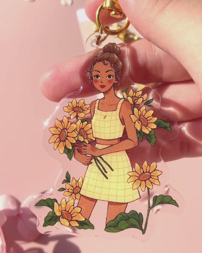 Sunflower Girl Keychain with Glitter Epoxy